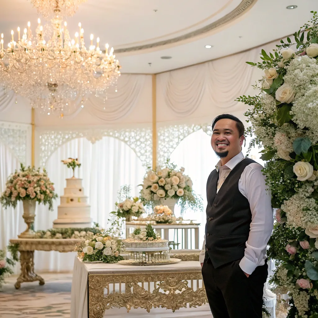 Satisfied client smiling in front of a wedding setup